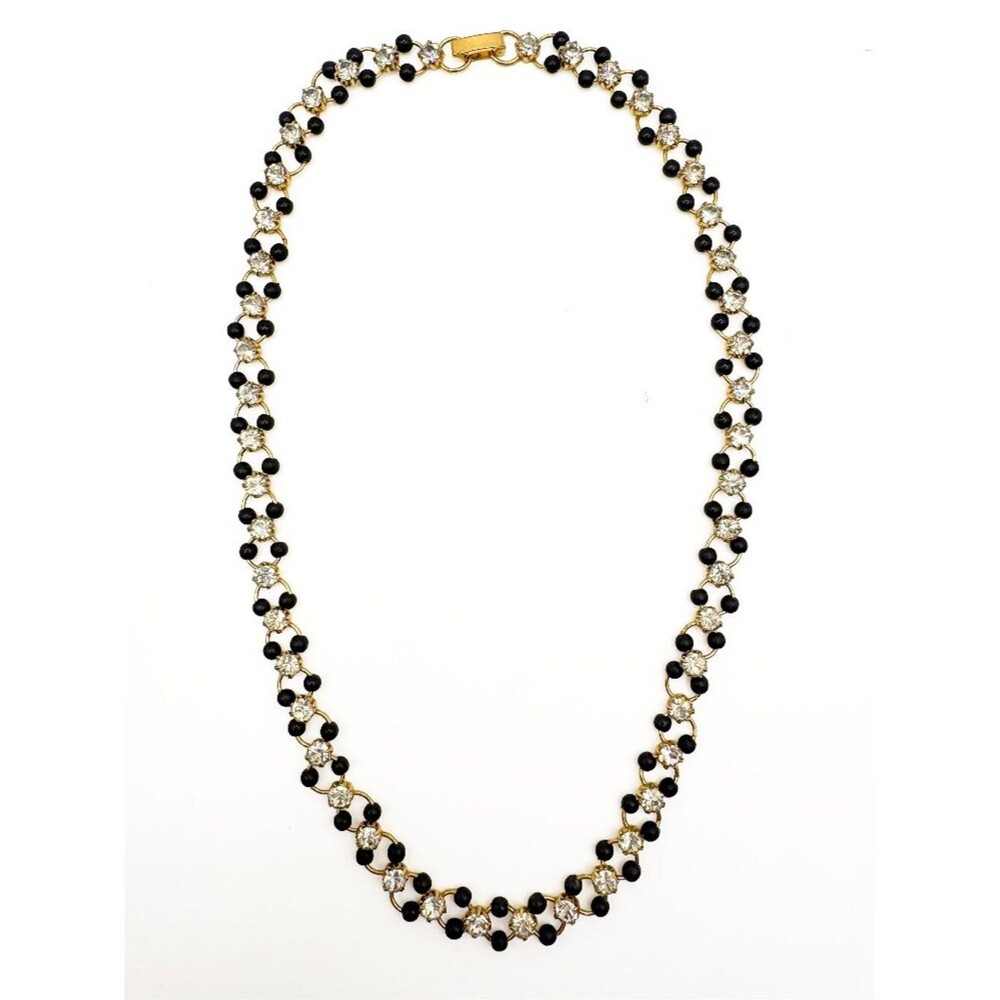 Vintage 1980s Black Bead and Rhinestone Choker Necklace